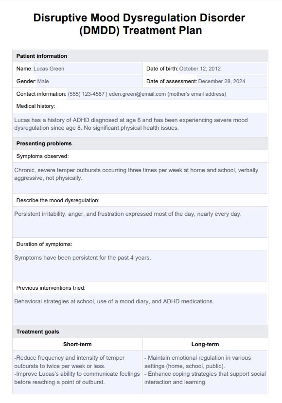 Plan de tratamiento de trastorno de desregulación del estado de ánimo perturbador PDF Example