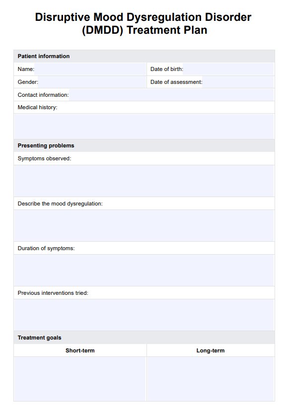 Plan de tratamiento de trastorno de desregulación del estado de ánimo perturbador PDF Example