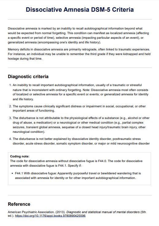 Dissociative Amnesia DSM-5 Criteria PDF Example