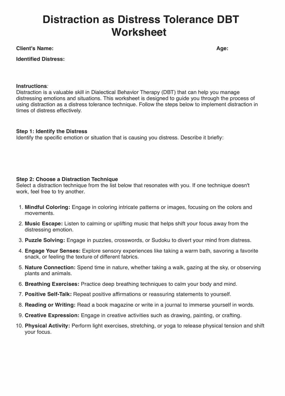 Distraction as Distress Tolerance DBT Worksheet PDF Example