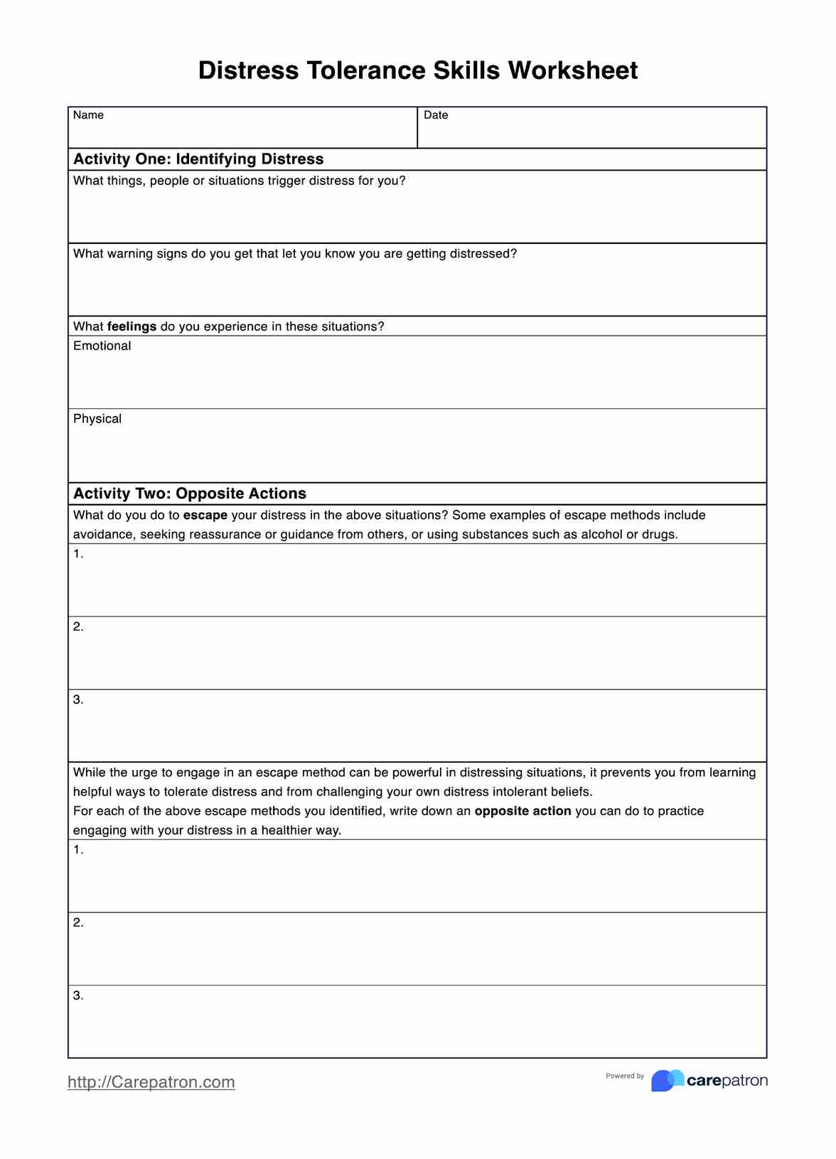 Distress Tolerance Skills Worksheets PDF Example