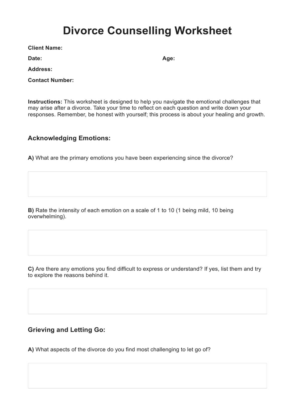 Divorce Counseling Worksheet PDF Example