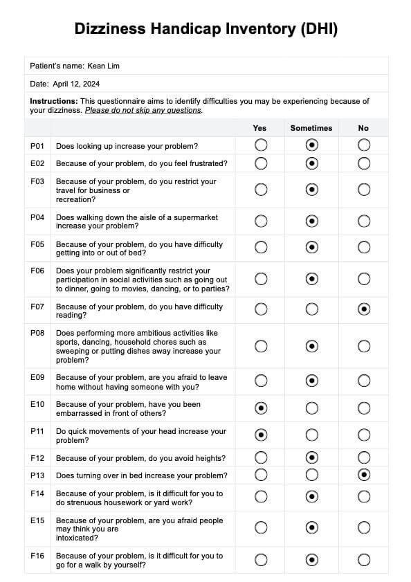 Dizziness Handicap Inventory PDF Example