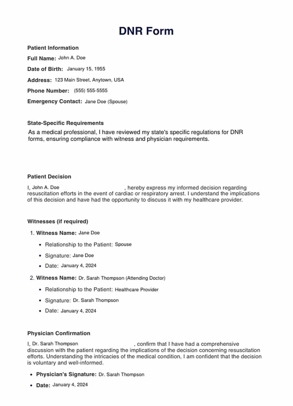 Do-Not-Resuscitate (DNR) Forms PDF Example