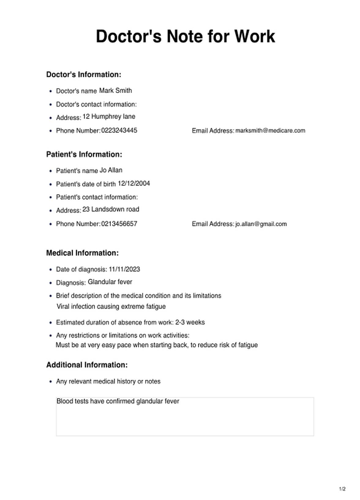 Doctor’s Note For Work Template PDF Example