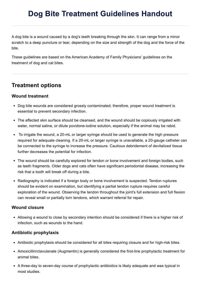 Dog Bite Treatment Guidelines Handout PDF Example
