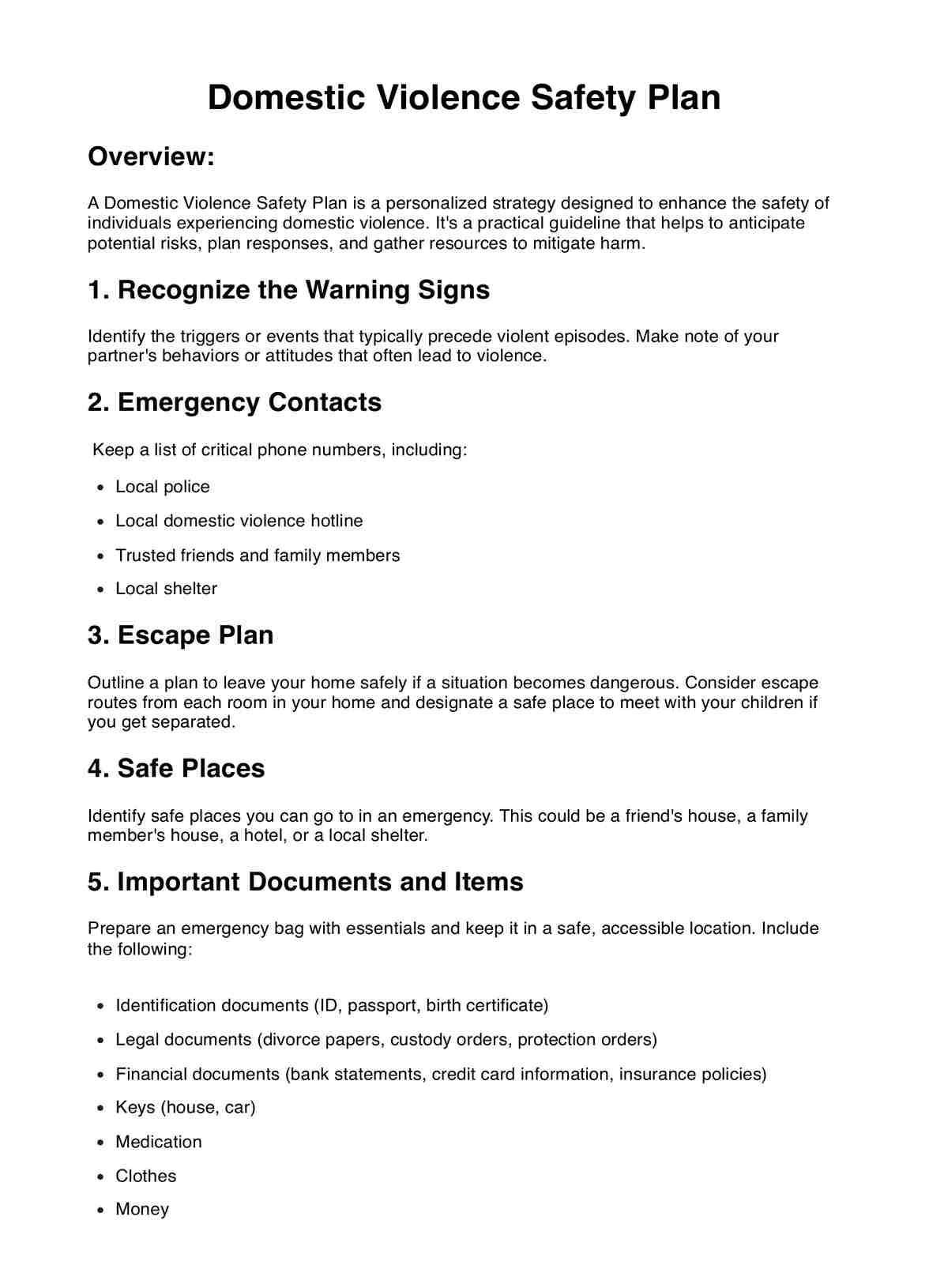Domestic Violence Safety Plan PDF Example