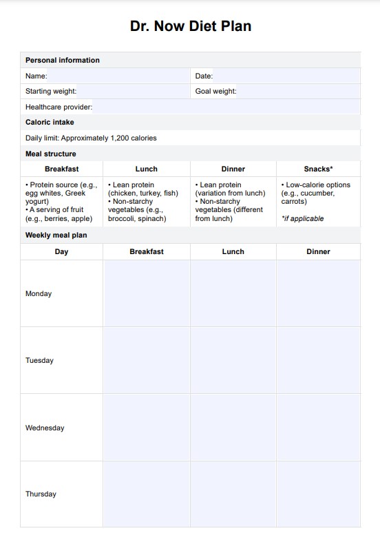 Dr Now Diet Plan Template &amp; Example | Free PDF Download