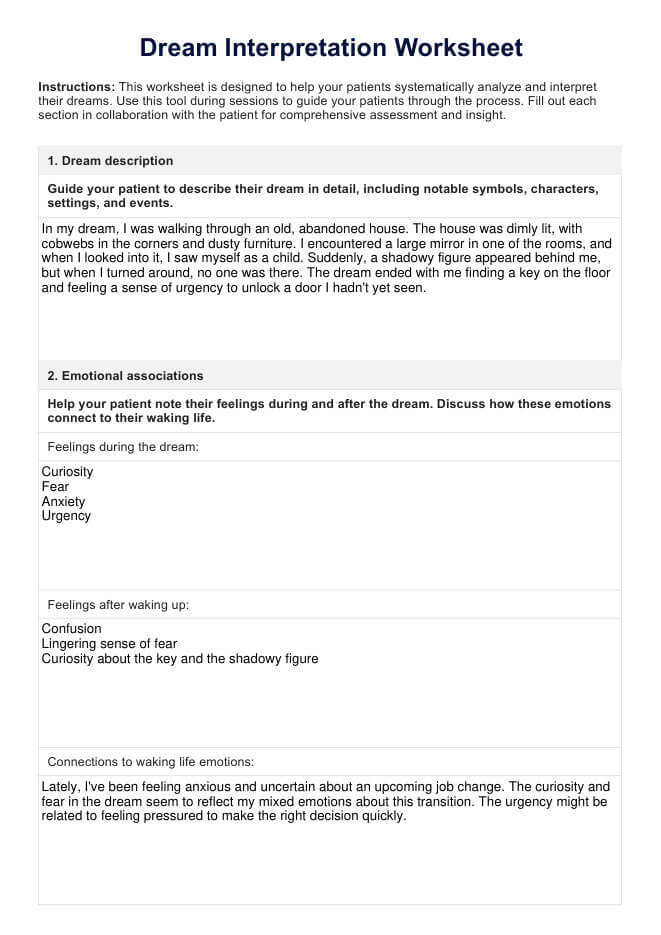 Hoja de trabajo de interpretación de sueños PDF Example