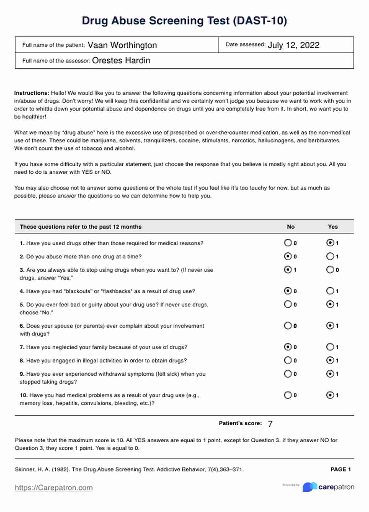 Drug Abuse Screening Test (DAST-10) PDF Example