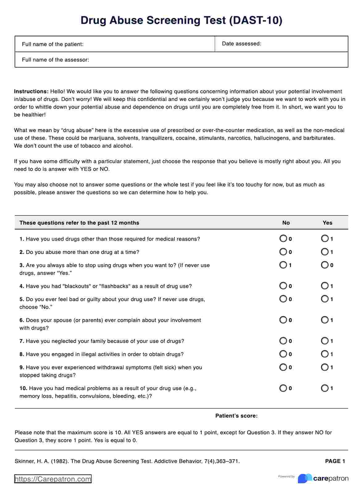 Drug Abuse Screening Test (DAST-10) PDF Example