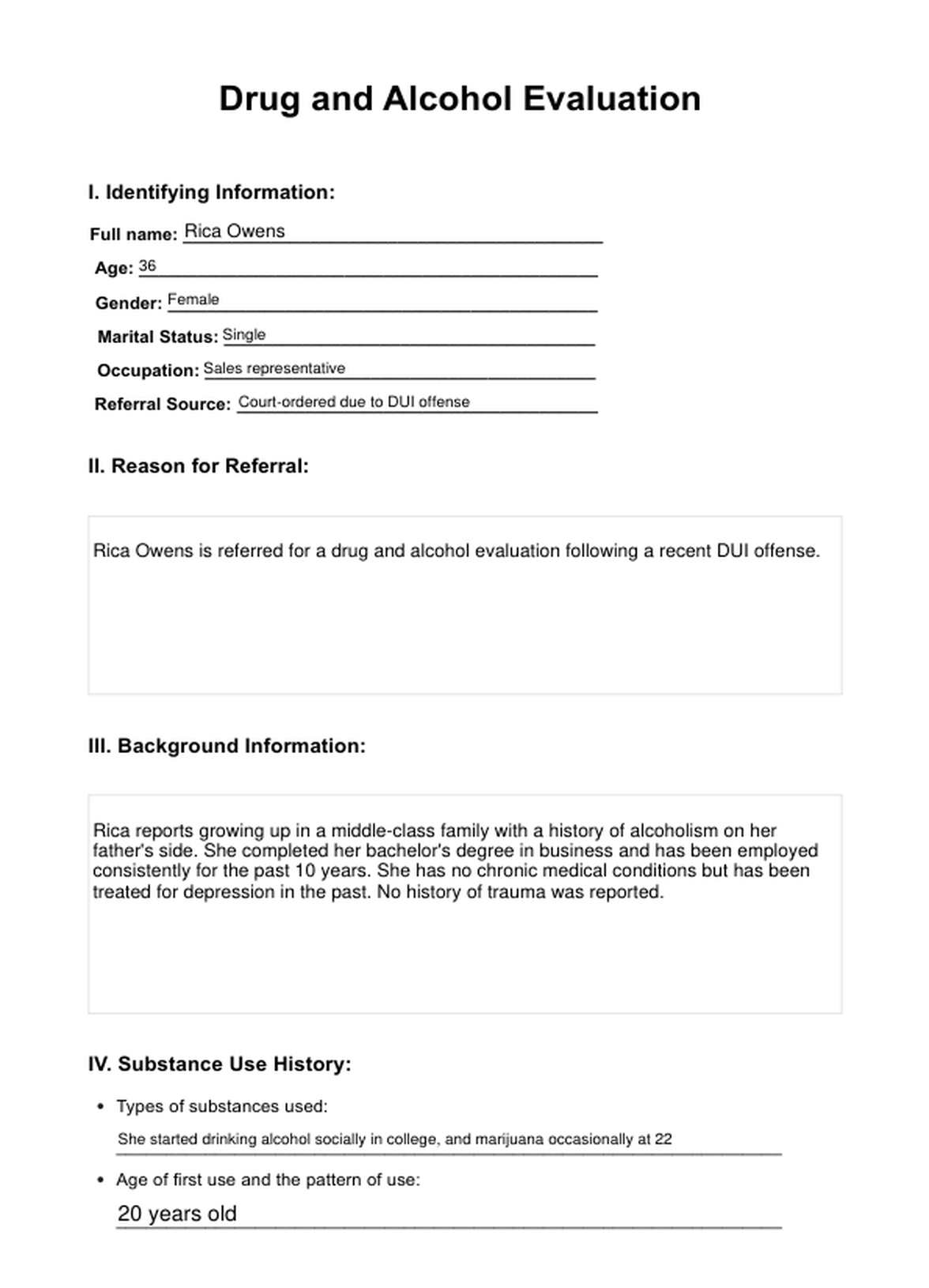 Drug And Alcohol Evaluations PDF Example