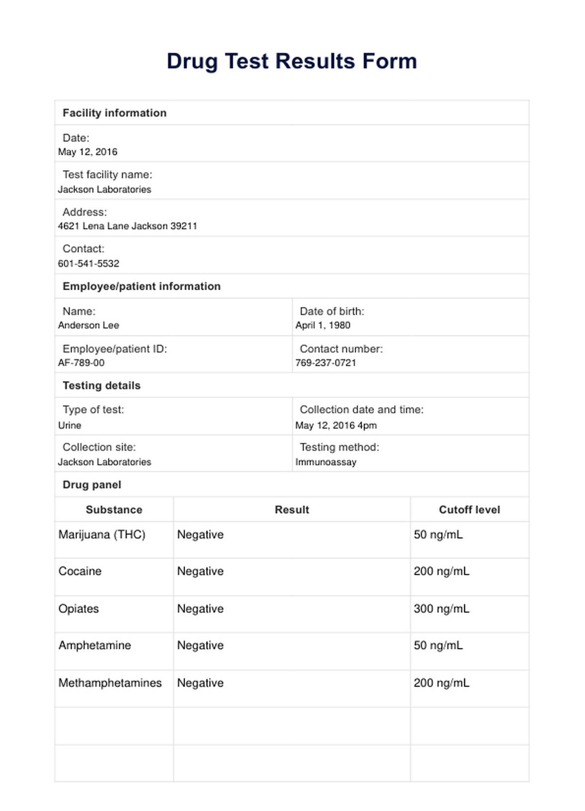 Drug Test Results Form PDF Example
