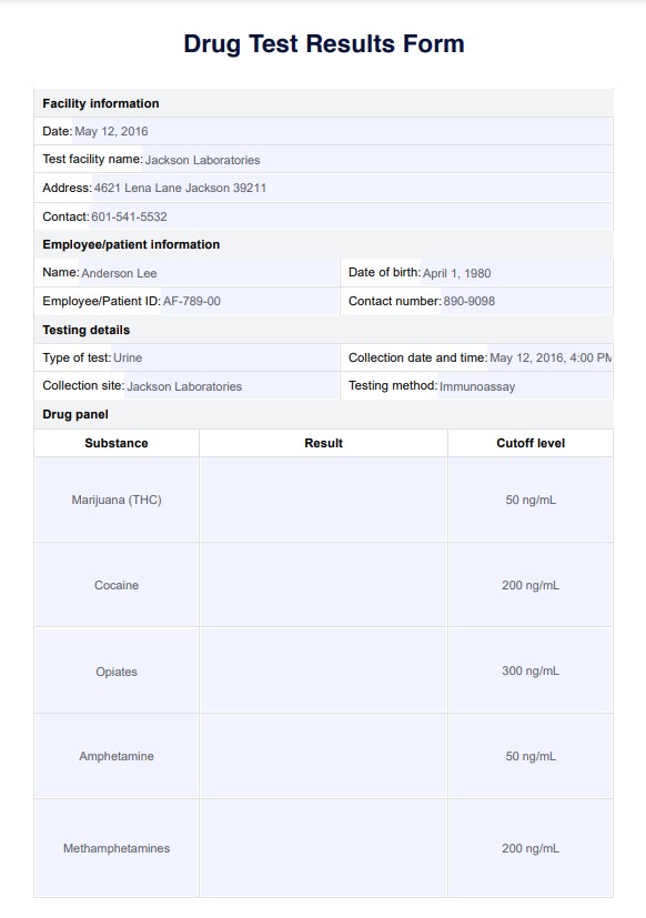 Formulário de resultados de testes de drogas PDF Example