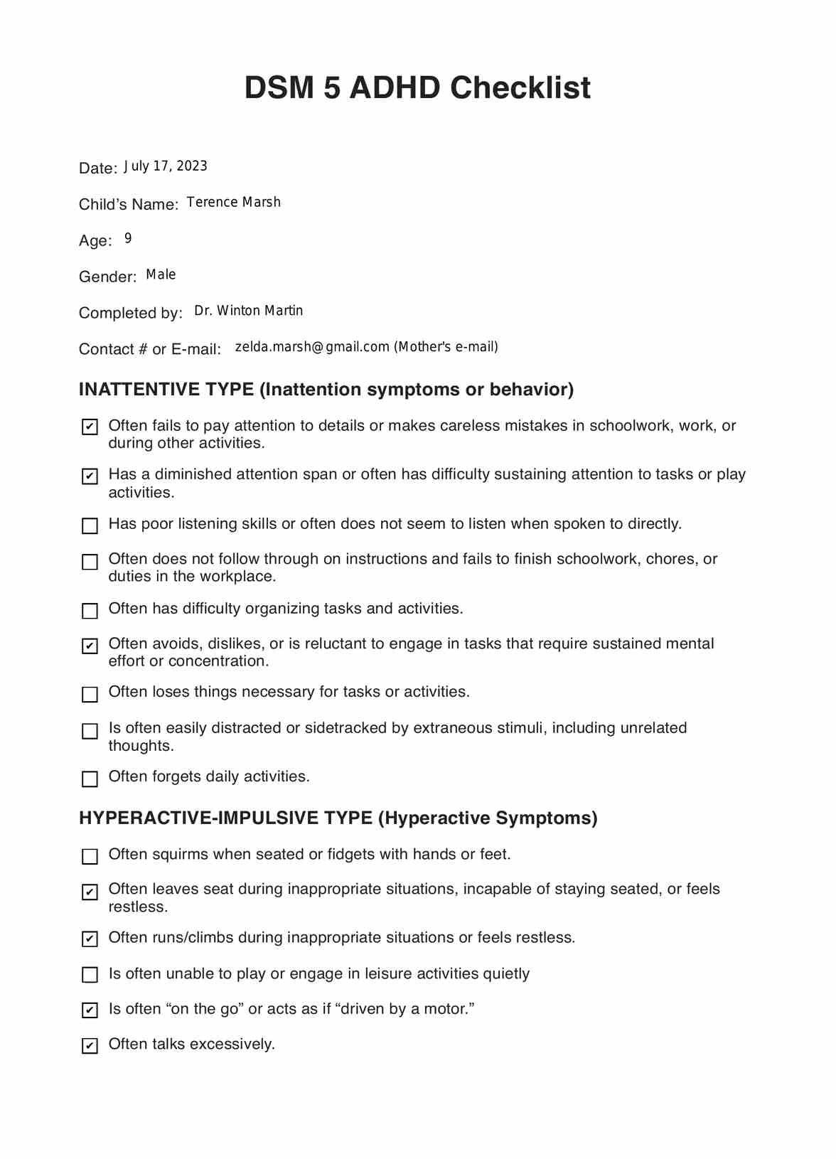 DSM 5 ADHD Checklist PDF Example
