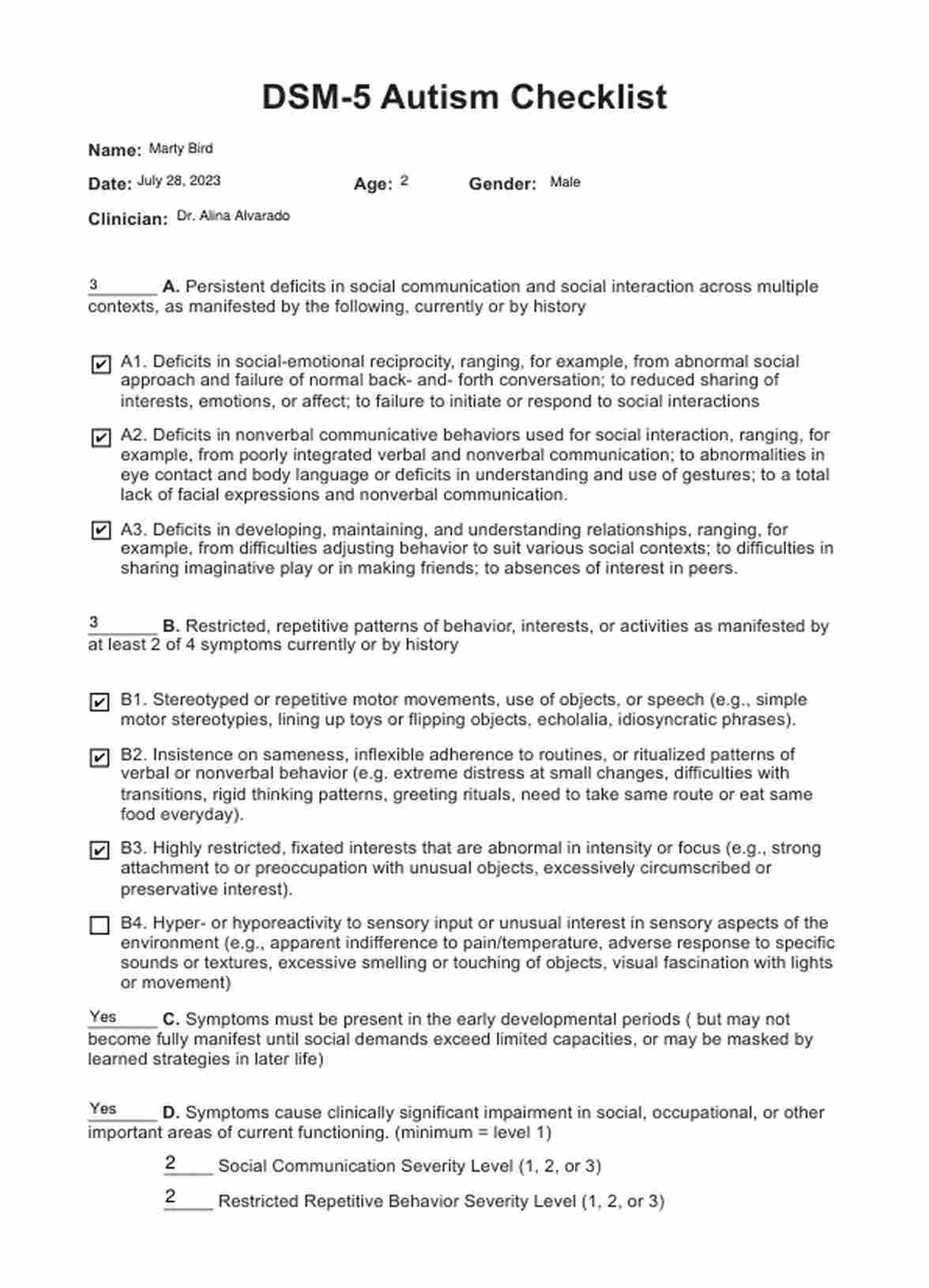 DSM 5 Autism Criteria Checklist PDF Example