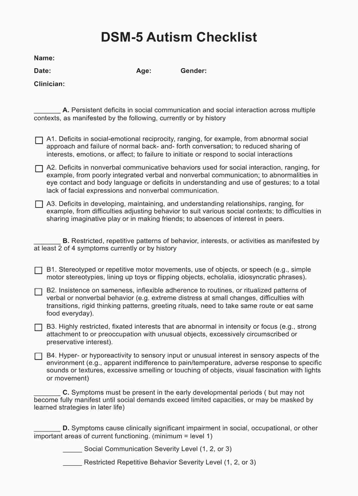 DSM 5 Autism Criteria Checklist PDF Example