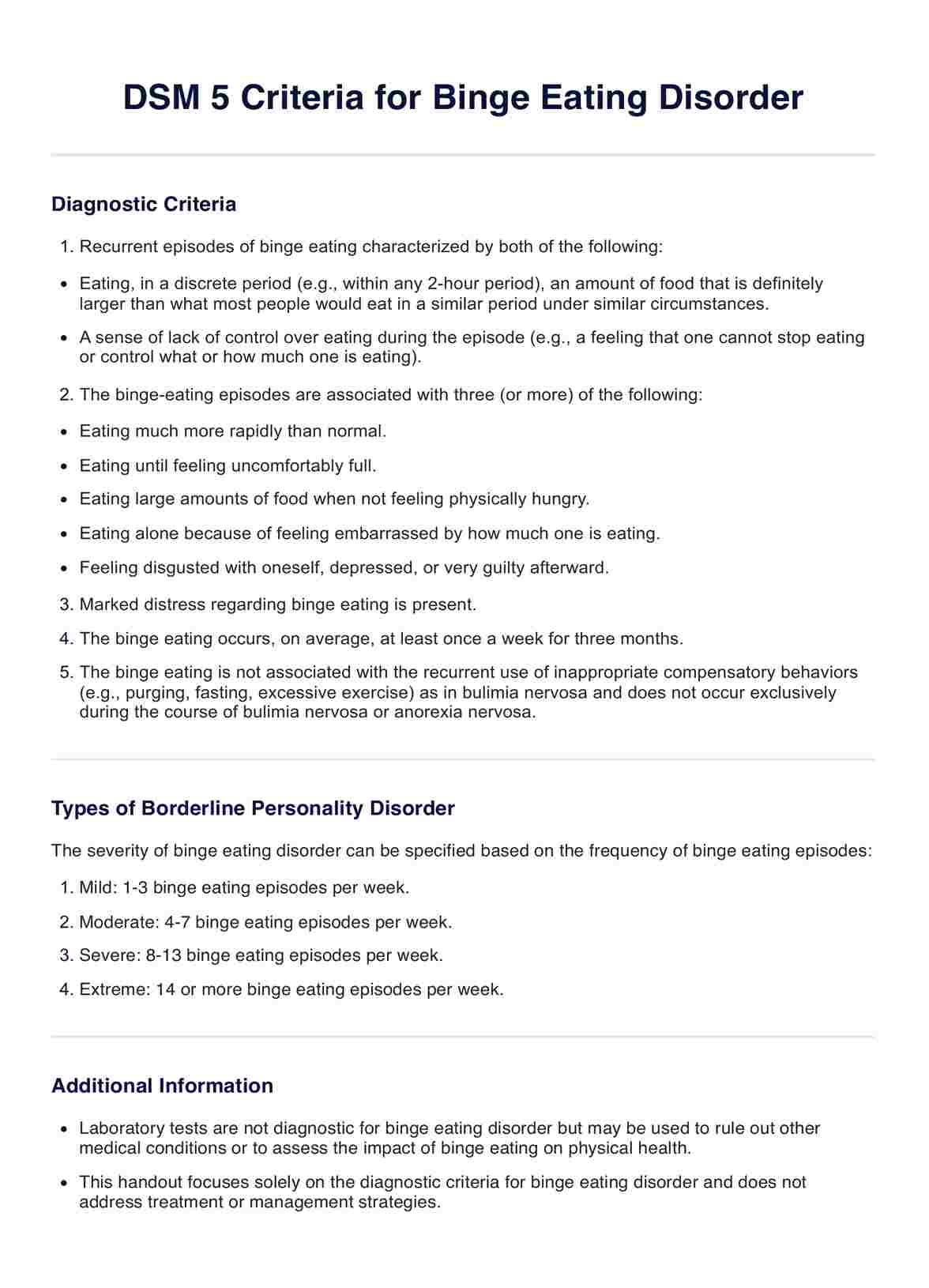 DSM 5 Criteria for Binge Eating Disorder PDF Example