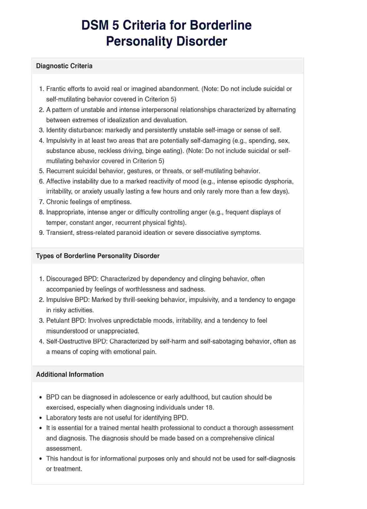 DSM 5 Criteria for Borderline Personality Disorder PDF Example