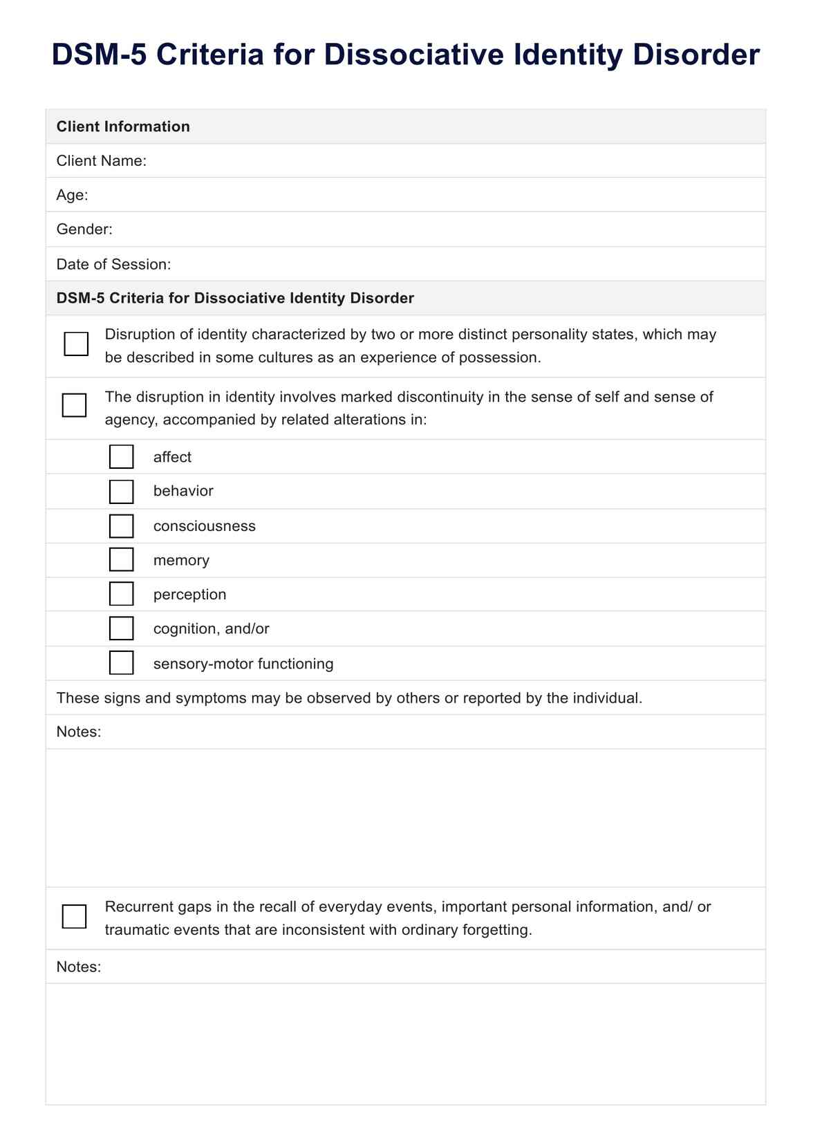 DID DSM-5 Criteria PDF Example