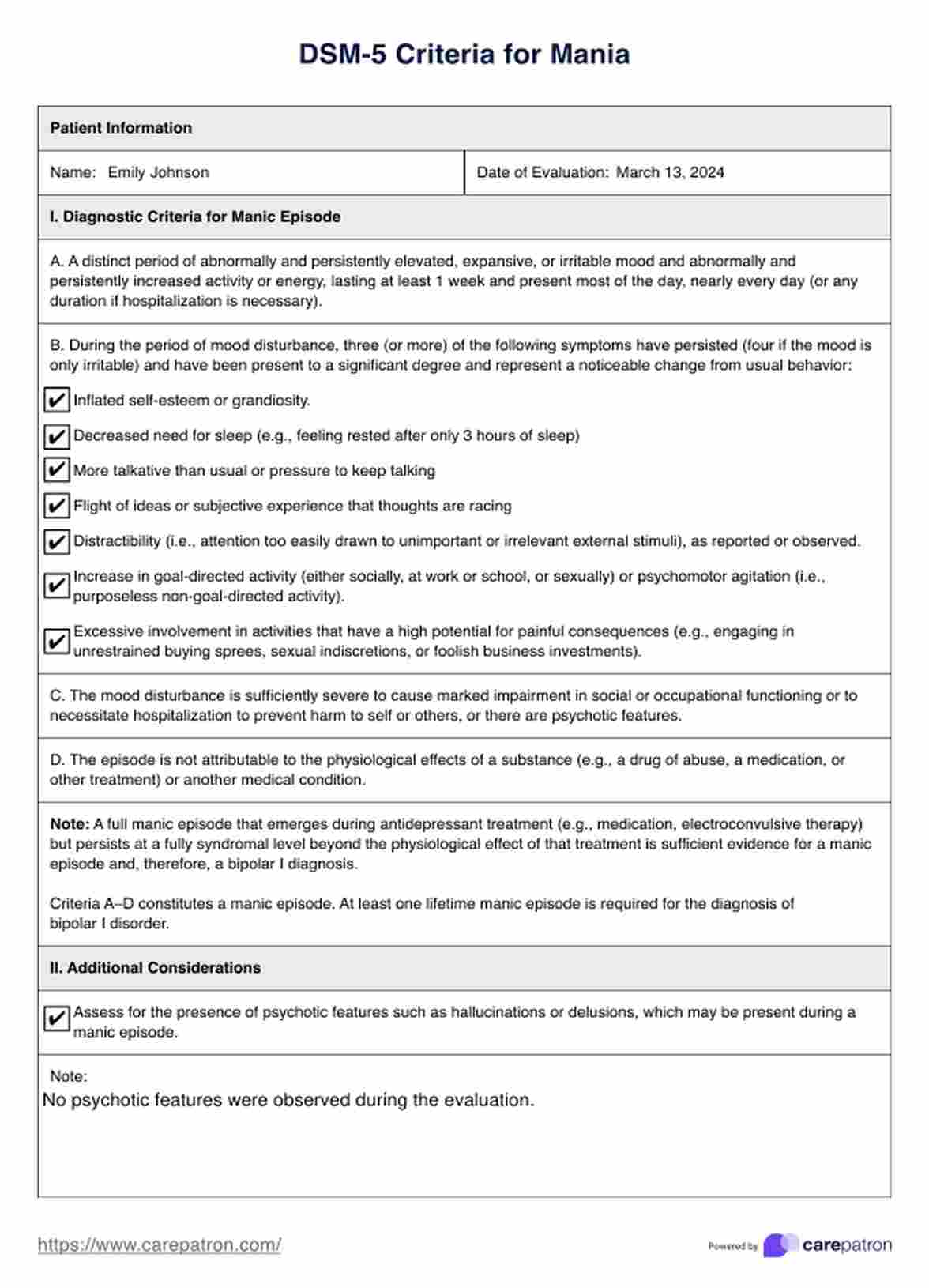 DSM-5 Criteria for Mania PDF Example