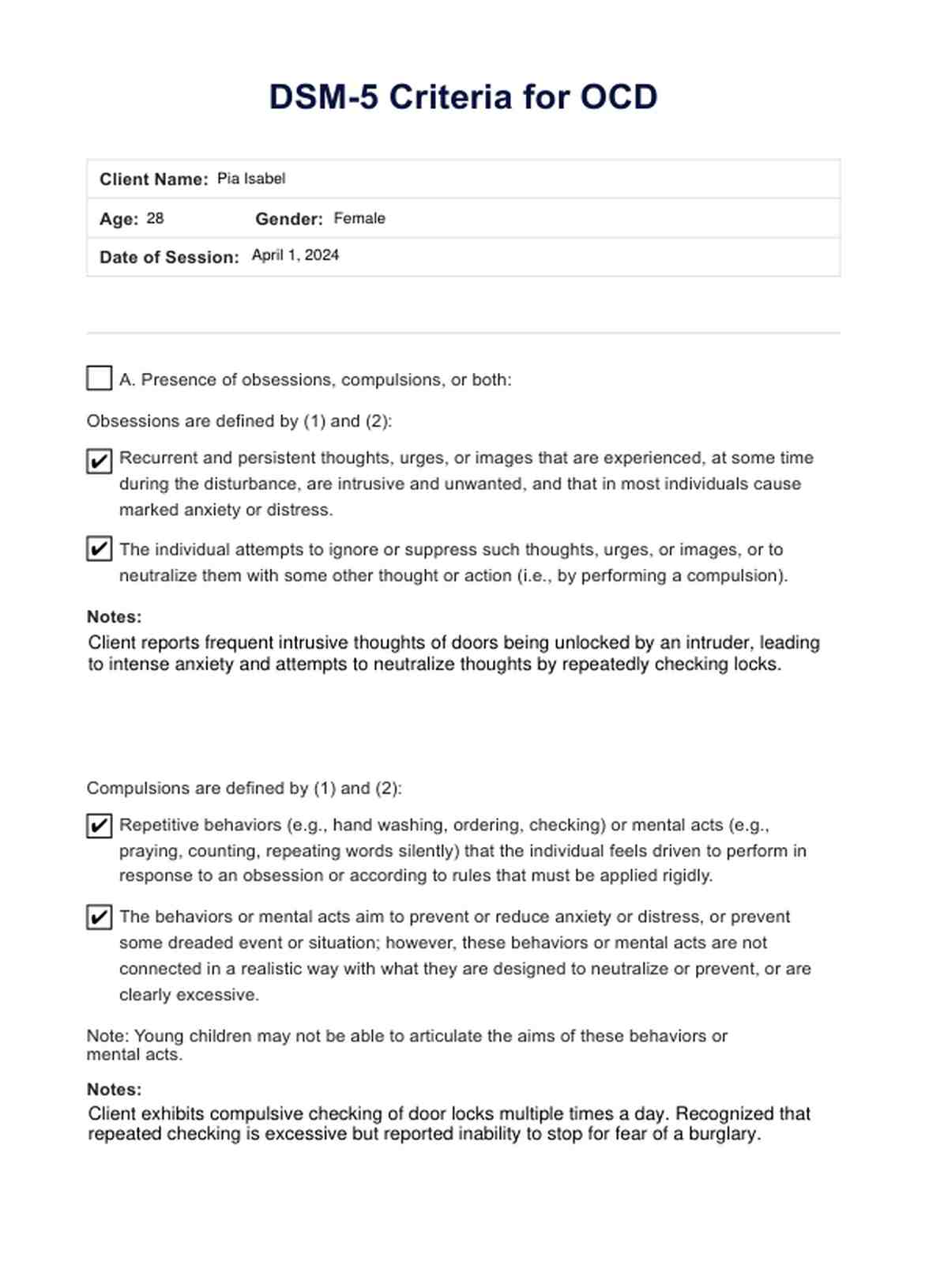 DSM 5 Criteria for OCD PDF Example
