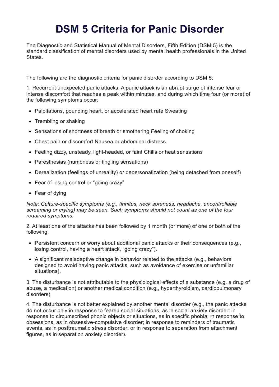 DSM 5 Criteria for Panic Disorder PDF Example