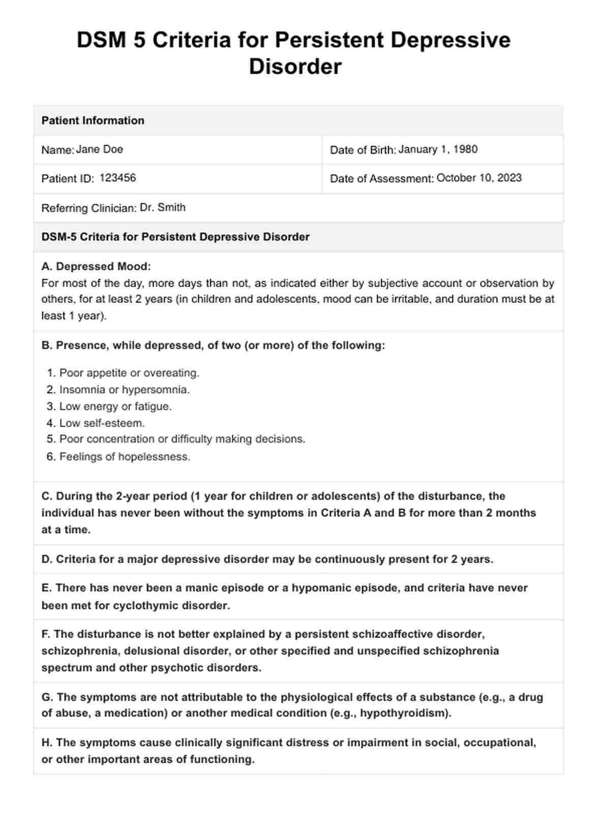 DSM 5 Criteria for Persistent Depressive Disorder PDF Example
