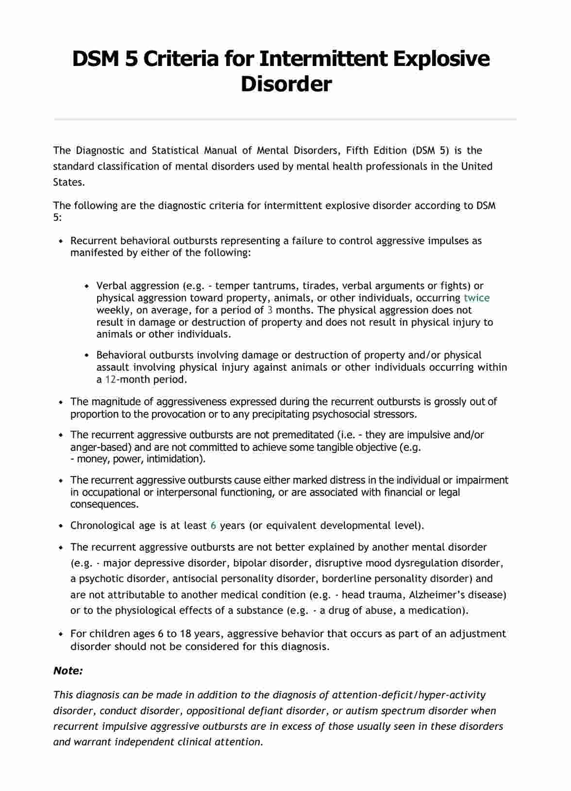 DSM 5 Criteria for Intermittent Explosive Disorder PDF Example