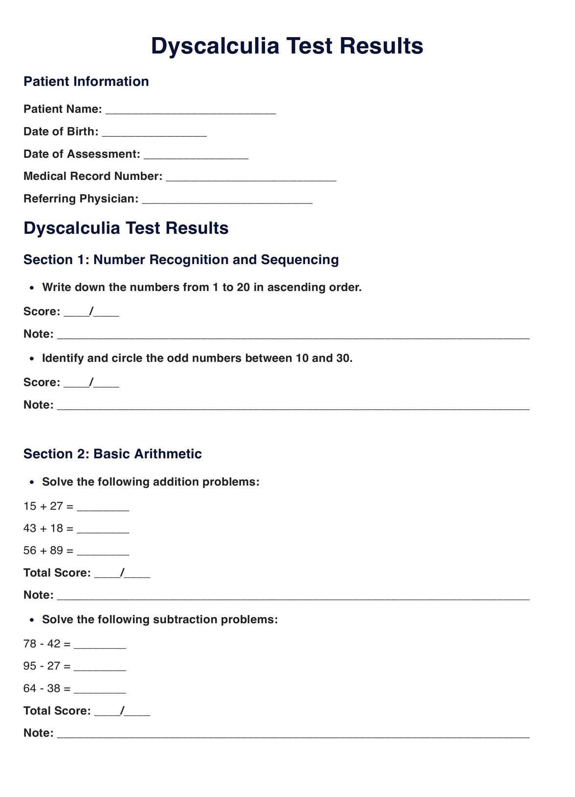 Test for Dyscalculia PDF Example