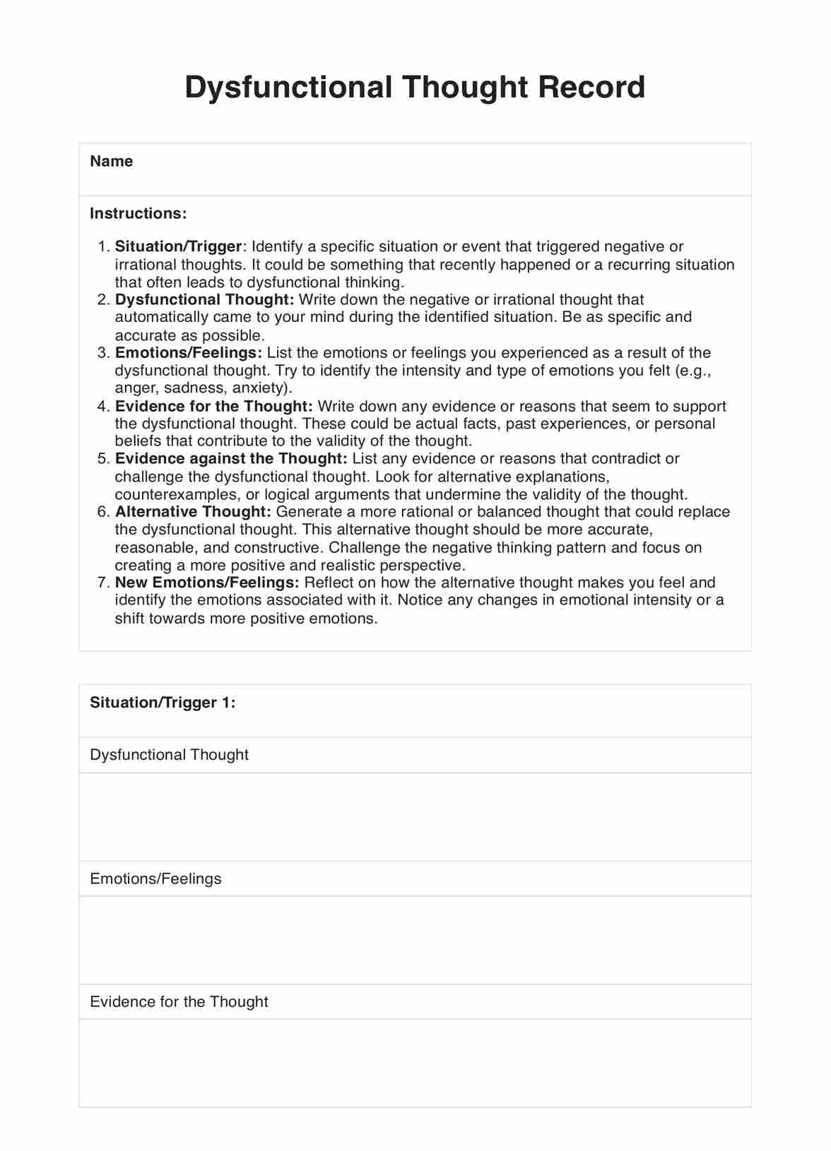 Dysfunctional Thought Record PDF Example
