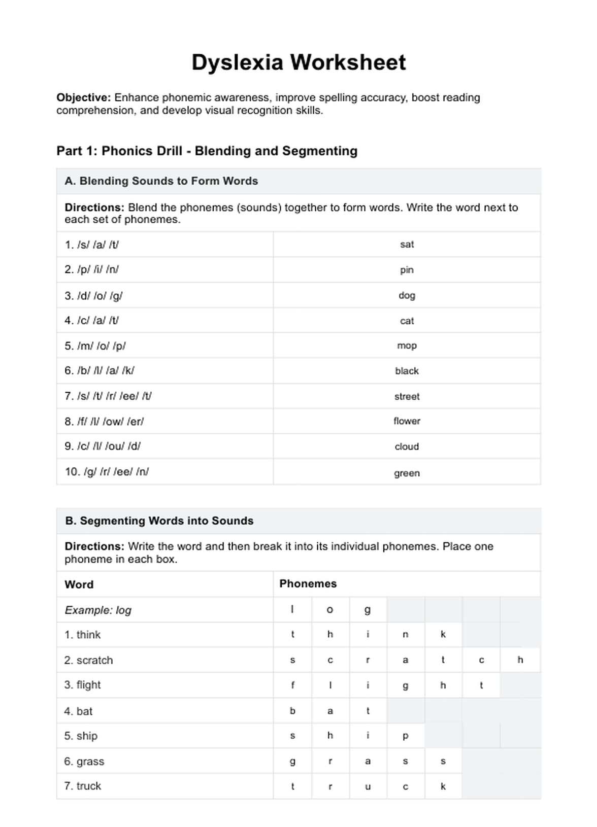 Dyslexia Worksheets PDF Example