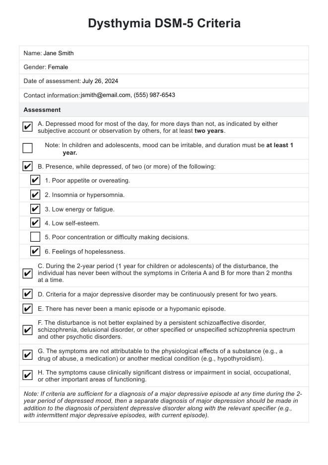 Dysthymia DSM-5 Criteria PDF Example