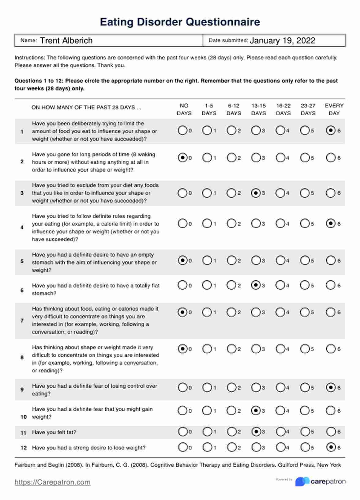 Eating Disorder Questionnaire PDF Example