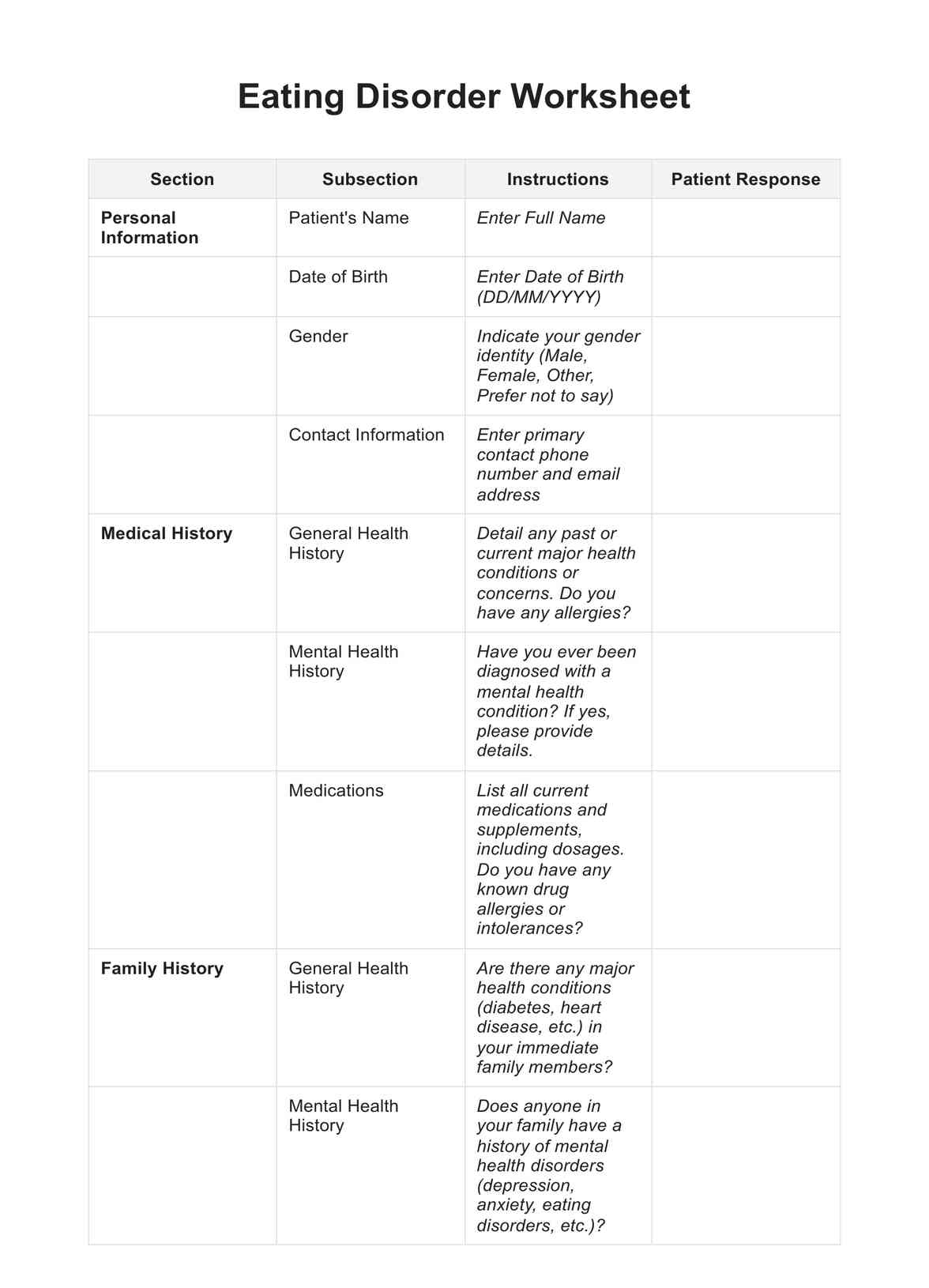 Eating Disorder Worksheet PDF Example