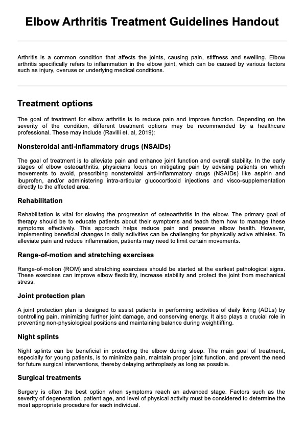 Elbow Arthritis Treatment Guidelines Handout PDF Example