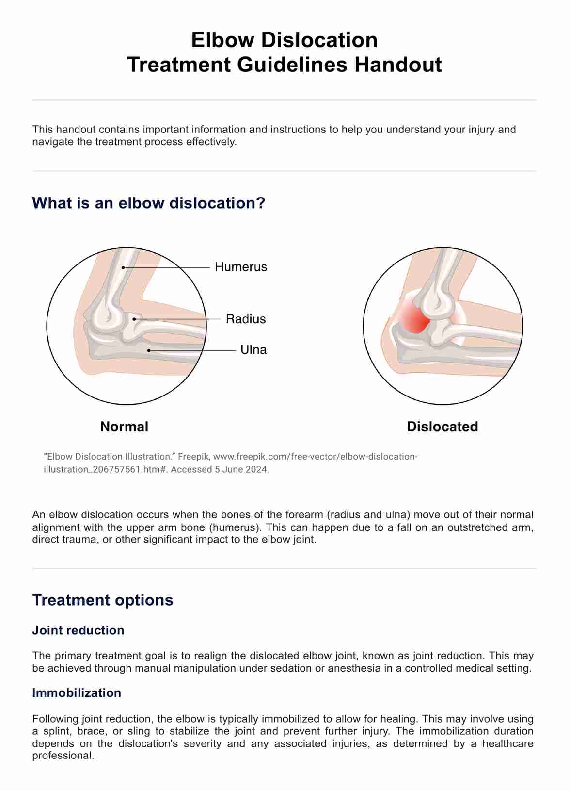 Elbow Dislocation Treatment Guidelines Handout PDF Example