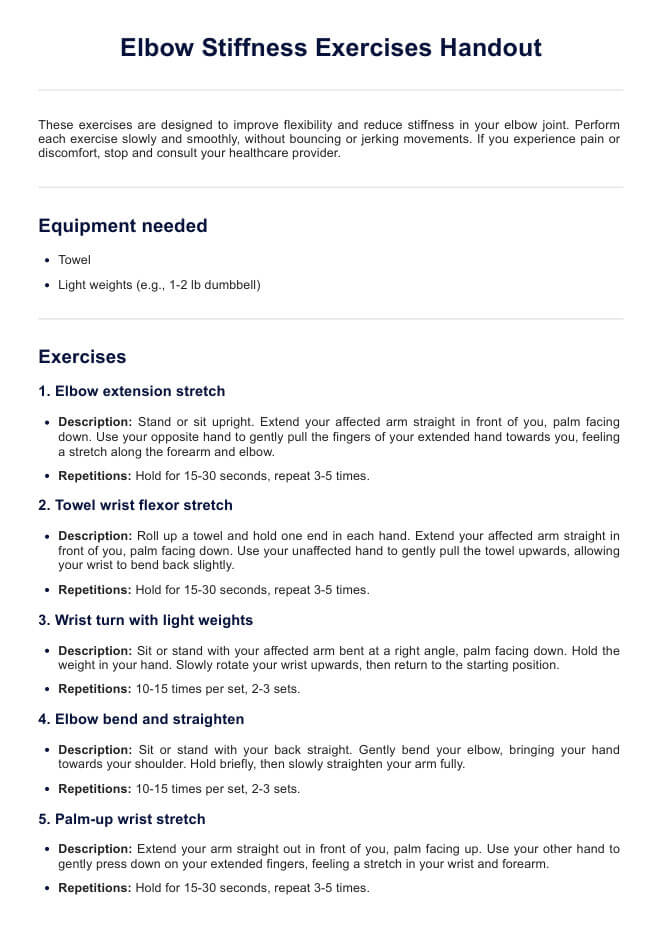 Elbow Stiffness Exercises Handout PDF Example