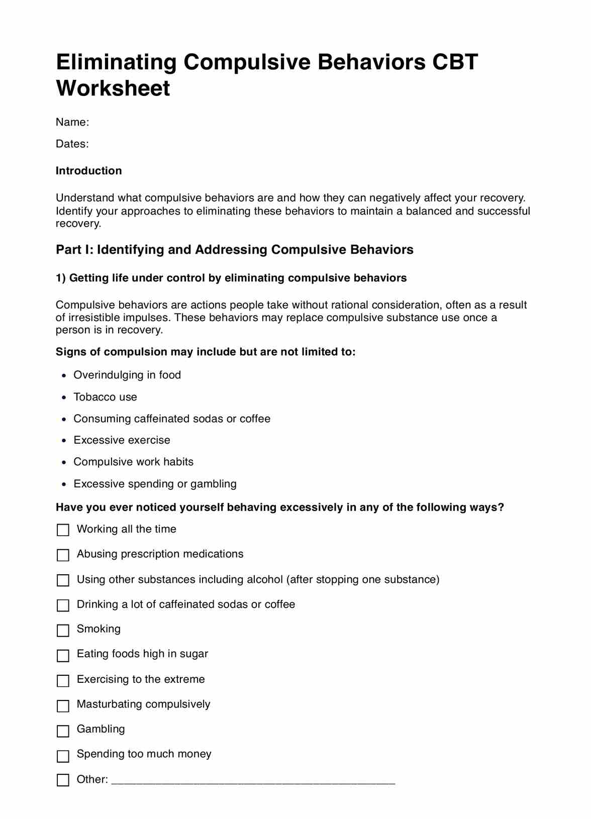 Eliminating Compulsive Behaviors CBT Worksheet PDF Example