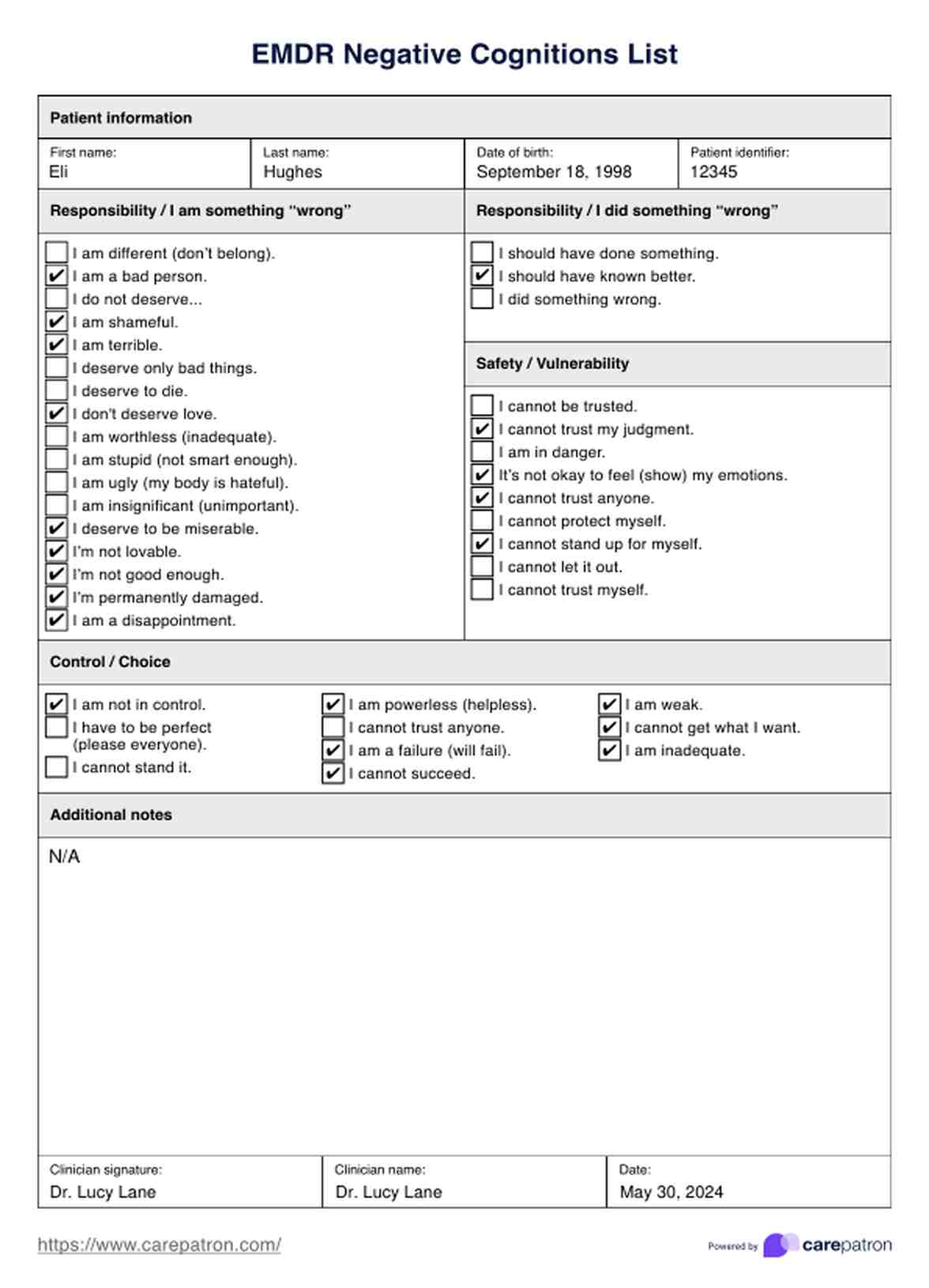 Lista de Cogniciones Negativas del EMDR PDF Example