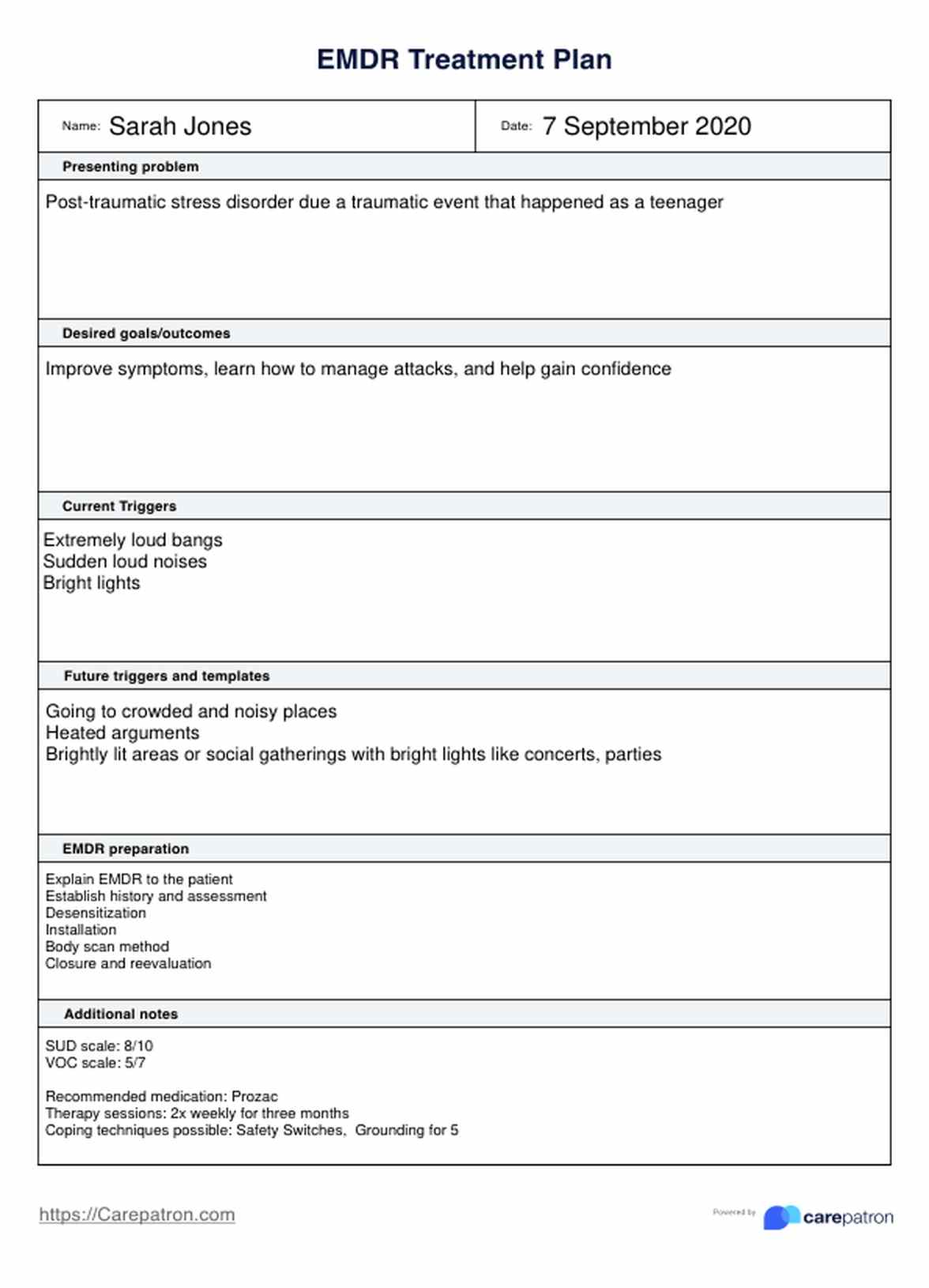 Plan de Tratamiento de EMDR (Desensibilización y Reprocesamiento por Movimientos Oculares) PDF Example