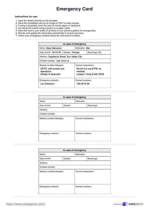 Emergency Card Template PDF Example