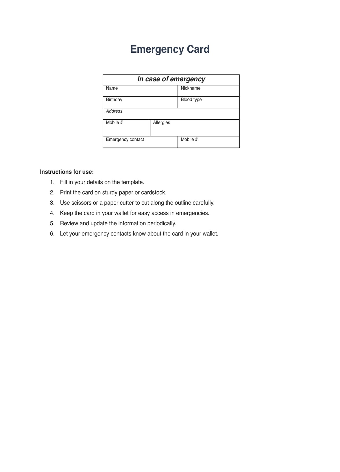 Emergency Card Template PDF Example