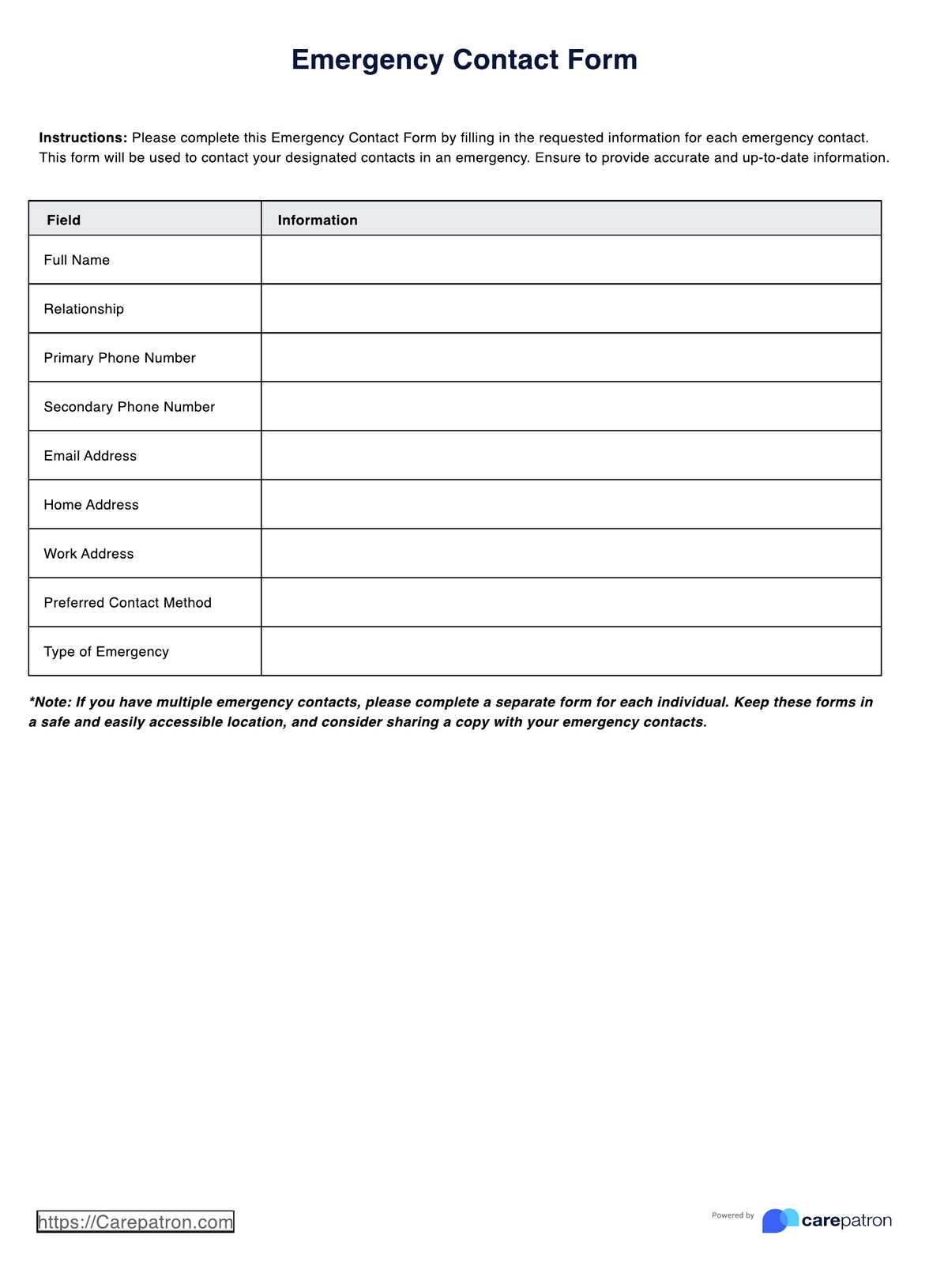 Emergency Contact Form PDF Example