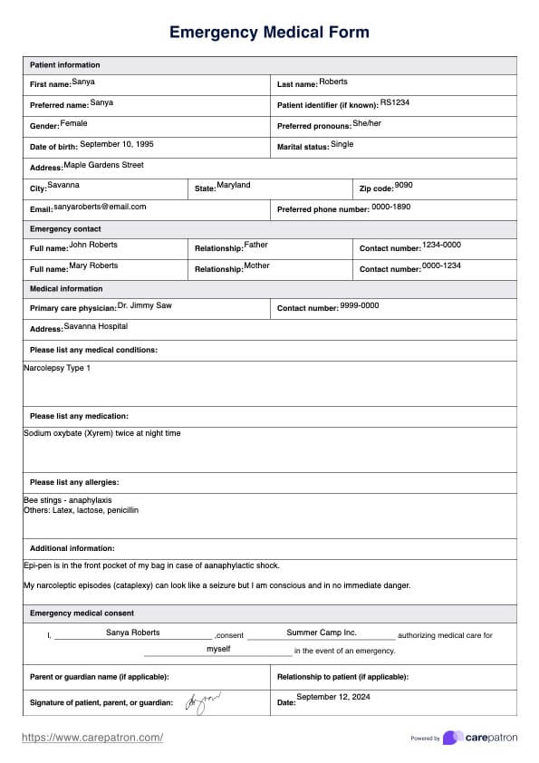 Medizinisches Notfallformular PDF Example