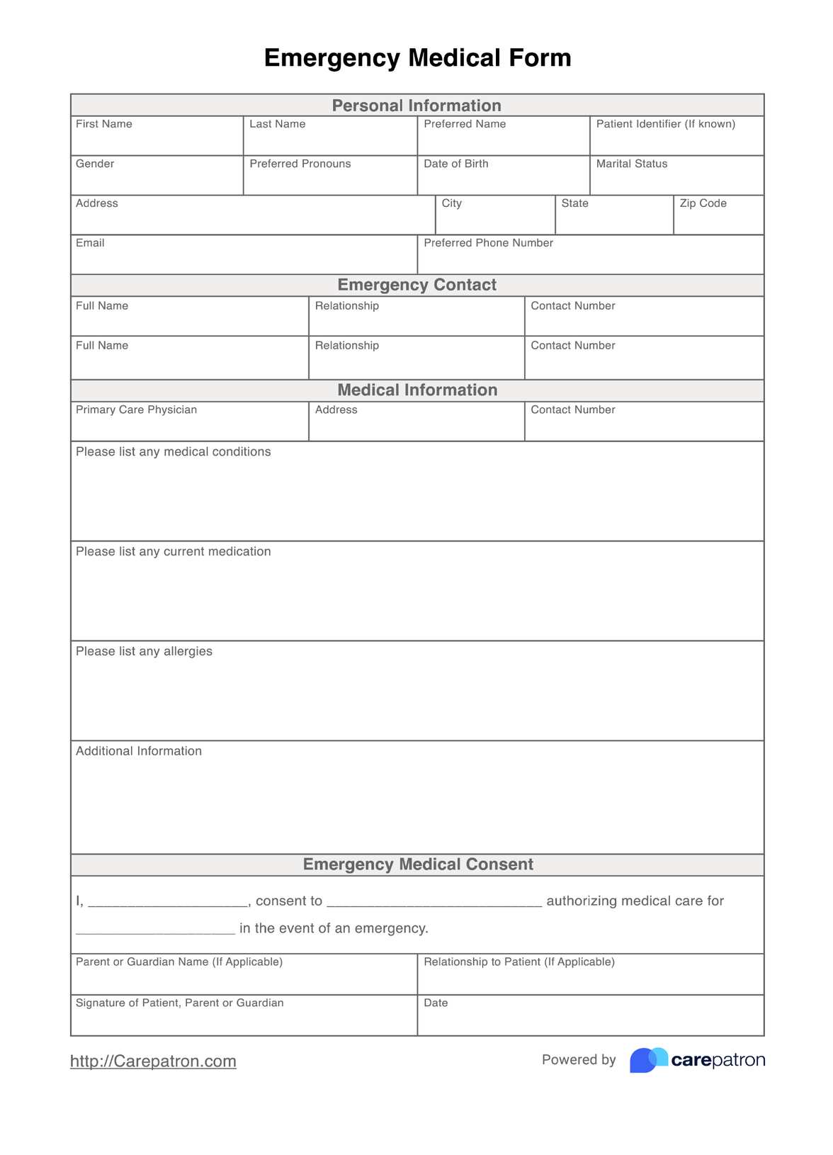 Emergency Medical Form PDF Example