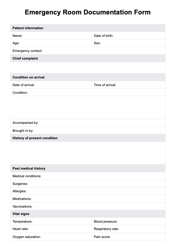 Plantillas de documentación de la sala de emergencias PDF Example