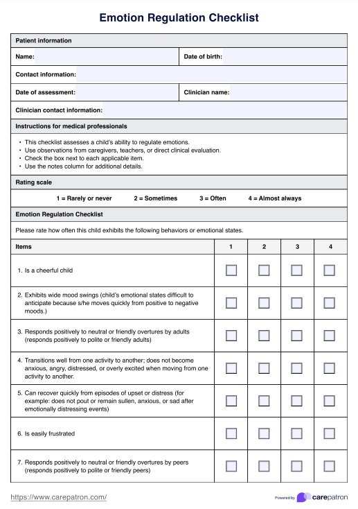 Checklist de regulación de las emociones PDF Example