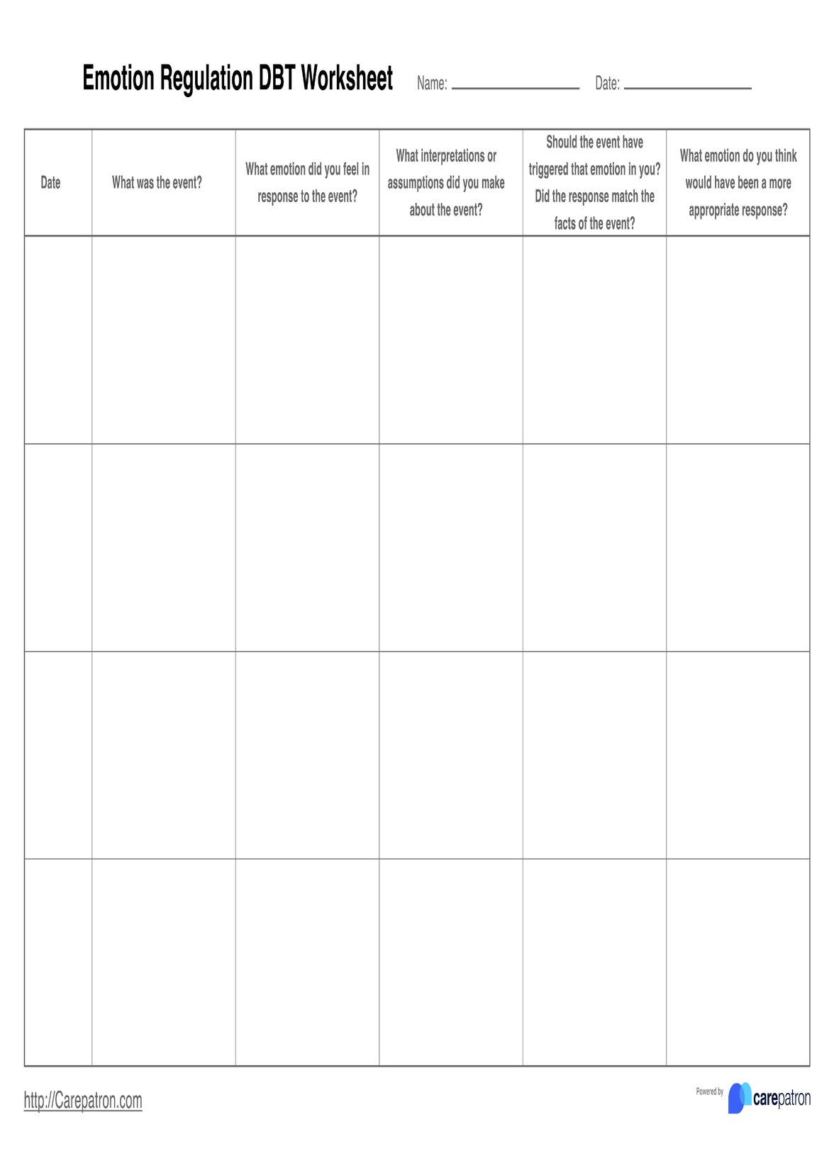 Emotion Regulation DBT Worksheets PDF Example
