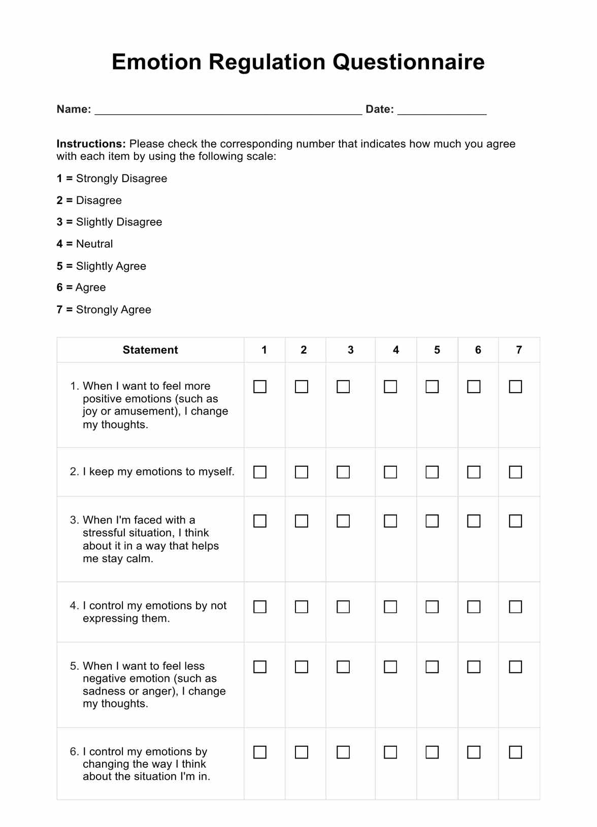 Emotion Regulation Questionnaire PDF Example